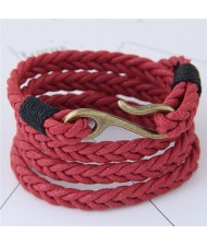 Weaving Rope with Hook Pendant Multi-layer Fashion Bracelet - Red