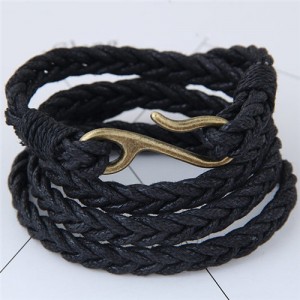 Weaving Rope with Hook Pendant Multi-layer Fashion Bracelet - Black