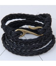 Weaving Rope with Hook Pendant Multi-layer Fashion Bracelet - Black