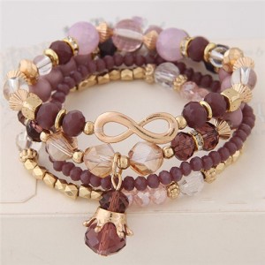 Infinity Sign and Crown Pendants Multi-layer Beads Fashion Bracelet - Grape