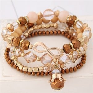 Infinity Sign and Crown Pendants Multi-layer Beads Fashion Bracelet - Brown