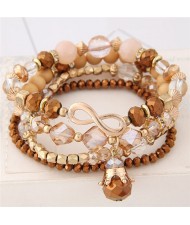 Infinity Sign and Crown Pendants Multi-layer Beads Fashion Bracelet - Brown
