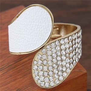Rhinestone Inlaid Waterdrops and Dull Polish Texture Combo Design Fashion Bangle - White