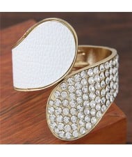 Rhinestone Inlaid Waterdrops and Dull Polish Texture Combo Design Fashion Bangle - White
