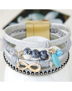 Infinity Sign and Rhinestone Decorated Multiple Fashion Elements Four Layers Leather Bangle - Silver