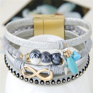 Infinity Sign and Rhinestone Decorated Multiple Fashion Elements Four Layers Leather Bangle - Silver