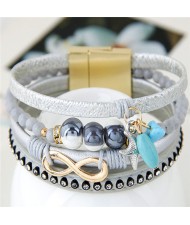 Infinity Sign and Rhinestone Decorated Multiple Fashion Elements Four Layers Leather Bangle - Silver