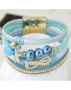 Infinity Sign and Rhinestone Decorated Multiple Fashion Elements Four Layers Leather Bangle - Blue