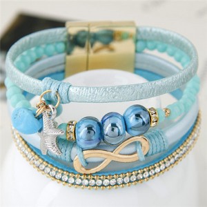 Infinity Sign and Rhinestone Decorated Multiple Fashion Elements Four Layers Leather Bangle - Blue