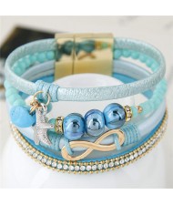 Infinity Sign and Rhinestone Decorated Multiple Fashion Elements Four Layers Leather Bangle - Blue