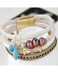 Infinity Sign and Rhinestone Decorated Multiple Fashion Elements Four Layers Leather Bangle - White
