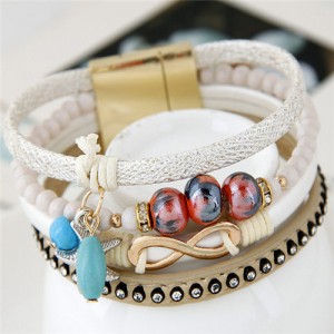 Infinity Sign and Rhinestone Decorated Multiple Fashion Elements Four Layers Leather Bangle - White