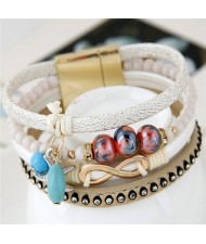 Infinity Sign and Rhinestone Decorated Multiple Fashion Elements Four Layers Leather Bangle - White