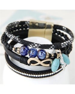 Infinity Sign and Rhinestone Decorated Multiple Fashion Elements Four Layers Leather Bangle - Black