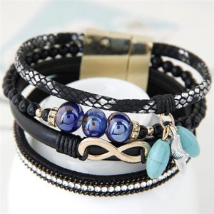 Infinity Sign and Rhinestone Decorated Multiple Fashion Elements Four Layers Leather Bangle - Black