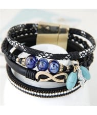 Infinity Sign and Rhinestone Decorated Multiple Fashion Elements Four Layers Leather Bangle - Black