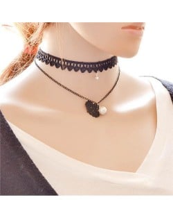 Lace Snow Flake and Pearl Pendant Dual Layers Choker Necklace