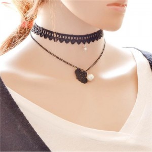 Lace Snow Flake and Pearl Pendant Dual Layers Choker Necklace