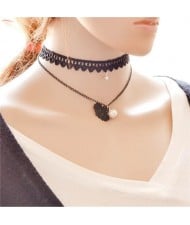Lace Snow Flake and Pearl Pendant Dual Layers Choker Necklace