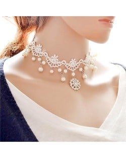 Snow Flake and Pearl Beads Embellished White Hollow Lace Choker Necklace