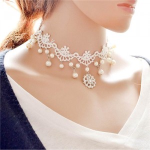 Snow Flake and Pearl Beads Embellished White Hollow Lace Choker Necklace