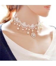 Snow Flake and Pearl Beads Embellished White Hollow Lace Choker Necklace