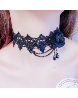 Rose and Tassel Chain Beads Creative Style Black Lace Choker Necklace