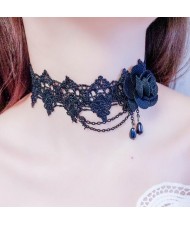 Rose and Tassel Chain Beads Creative Style Black Lace Choker Necklace