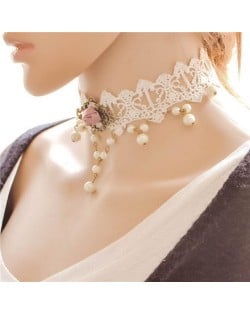Pink Rose and Floral Pendant Attached Pearl Fashion White Hollow Lace Choker Necklace