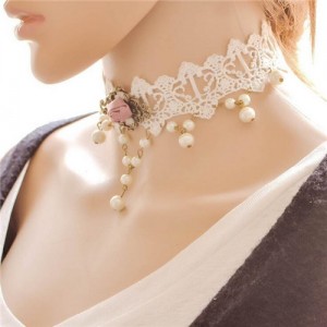 Pink Rose and Floral Pendant Attached Pearl Fashion White Hollow Lace Choker Necklace