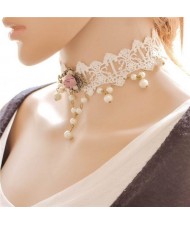 Pink Rose and Floral Pendant Attached Pearl Fashion White Hollow Lace Choker Necklace