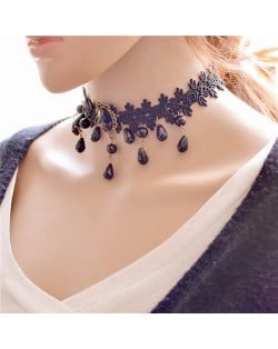 Waterdrops and Gem Pendant Decorated Floral Pattern Lace Choker Necklace