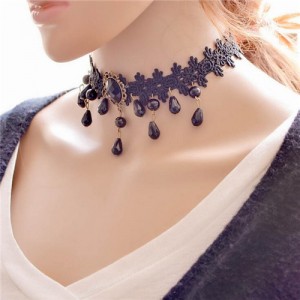 Waterdrops and Gem Pendant Decorated Floral Pattern Lace Choker Necklace