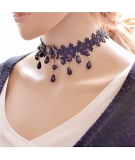 Waterdrops and Gem Pendant Decorated Floral Pattern Lace Choker Necklace