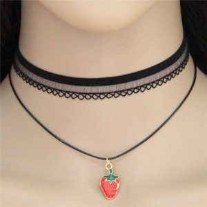 Strawberry Pendant Fashion Black Lace Choker Necklace