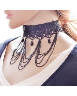 Triple Chains Tassel Beads Decoration Design Hollow-out Wide Lace Choker Necklace