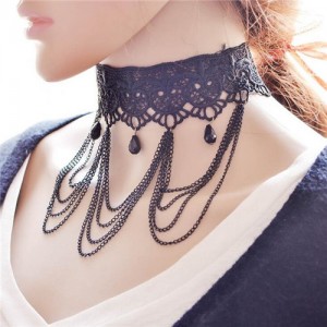 Triple Chains Tassel Beads Decoration Design Hollow-out Wide Lace Choker Necklace