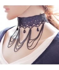 Triple Chains Tassel Beads Decoration Design Hollow-out Wide Lace Choker Necklace