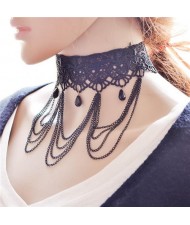 Triple Chains Tassel Beads Decoration Design Hollow-out Wide Lace Choker Necklace