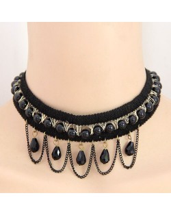 Beads and Chain Tassel Combo Dual Layer Lace Choker Necklace - Black