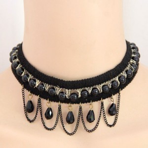 Beads and Chain Tassel Combo Dual Layer Lace Choker Necklace - Black