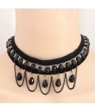 Beads and Chain Tassel Combo Dual Layer Lace Choker Necklace - Black