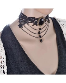 Court Fashion Gem Embellished with Waterdrops Beads and Triple Chain Tassel Floral Lace Choker Necklace