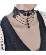 Court Fashion Gem Embellished with Waterdrops Beads and Triple Chain Tassel Floral Lace Choker Necklace