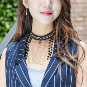 Beads Cluster with Chain Tassel and Bulk Chain Attached High Fashion Lace Choker Necklace