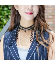 Beads Cluster with Chain Tassel and Bulk Chain Attached High Fashion Lace Choker Necklace