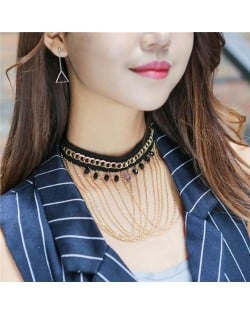 Multi-layers Chain Tassel with Beads and Bold Chain Decorated High Fashion Lace Choker Necklace