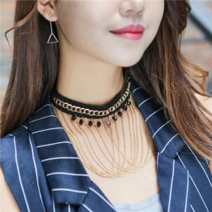 Multi-layers Chain Tassel with Beads and Bold Chain Decorated High Fashion Lace Choker Necklace