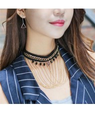 Multi-layers Chain Tassel with Beads and Bold Chain Decorated High Fashion Lace Choker Necklace