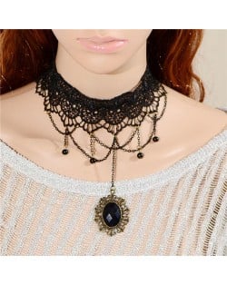 Vintage Gem Pendant Chain Tassel Pineapple Lace Choker Necklace